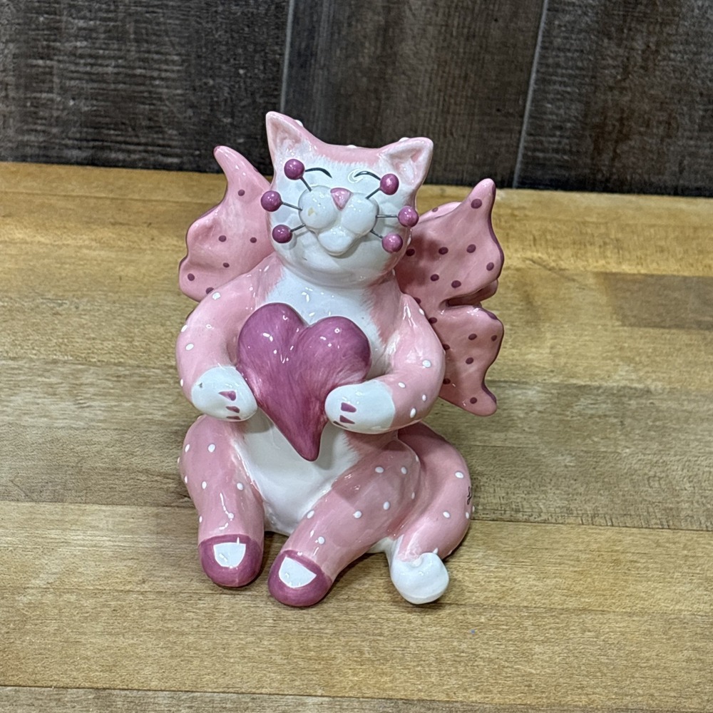 2003 Amy Lacombe Filomena Pink Fairy Cat Figurine Heart Wings Whimsy Clay 86033